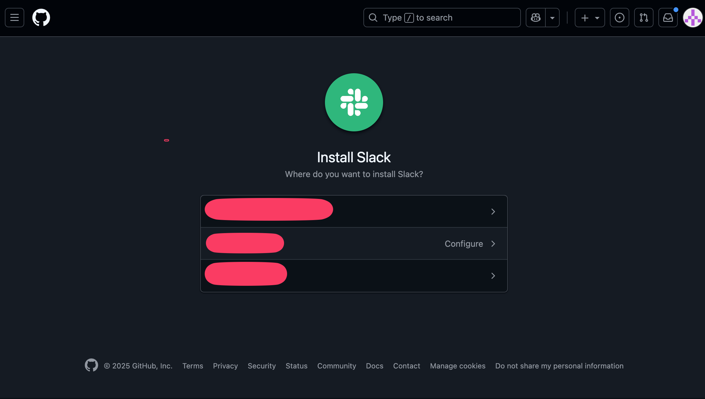 GitHubでSlackアプリのRepository access設定画面