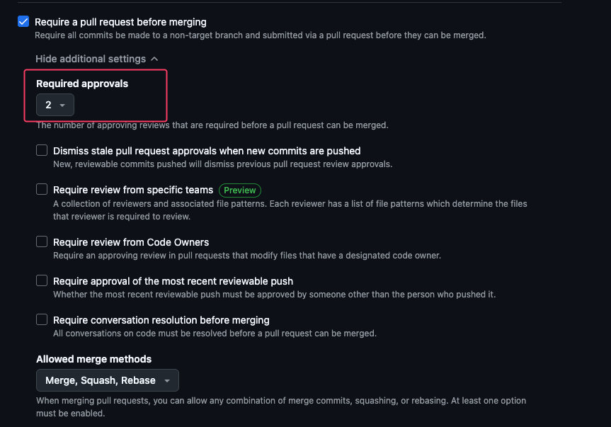 Require a pull request before mergingの詳細設定画面